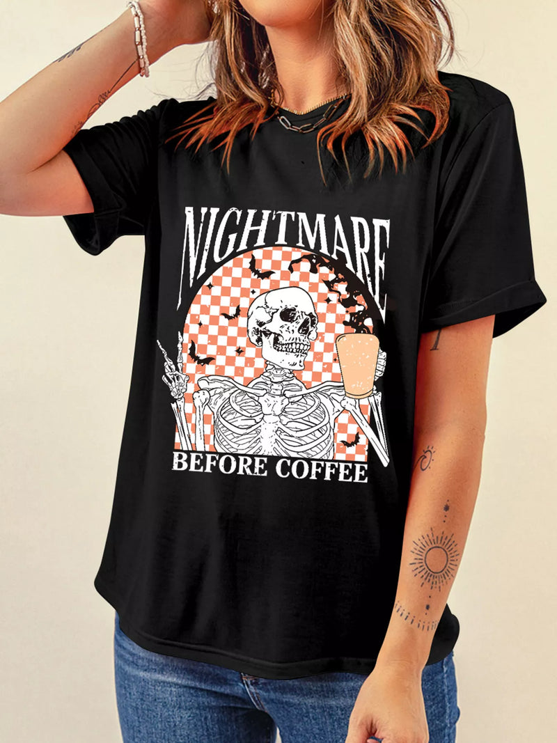 Halloween Skull Checkerboard Graphic Round Neck Tee