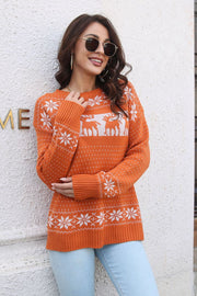 Reindeer & Snowflake Pattern Drop-Shoulder Pullover Sweater
