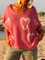 Heart V-Neck Drop-Shoulder Sweater