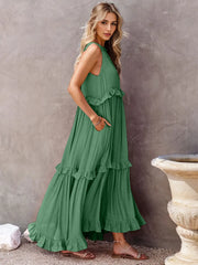 Ruffled Sleeveless Tiered Maxi Dress Pocketed