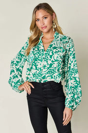 Printed Ruffle Trim Balloon Sleeve Shirt - Plus Size
