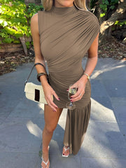 Asymmetrical Ruched Mock-Neck Dress