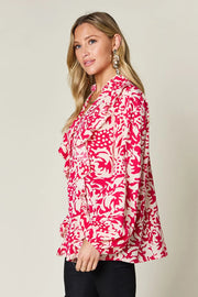 Printed Ruffle Trim Balloon Sleeve Shirt - Plus Size