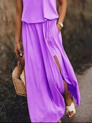 Round-Neck Sleeveless Slit Maxi Dress - Plus Size