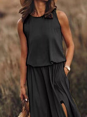 Round-Neck Sleeveless Slit Maxi Dress - Plus Size
