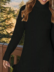 Fringe Turtleneck Long-Sleeve Sweater Dress