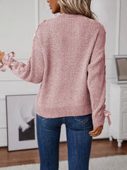 Ribbon-Tie Sleeve Round-Neck Sweater