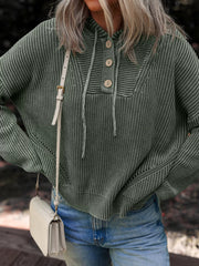 Mineral Wash Rib-Knit Button Drawstring Neck Hooded Sweater