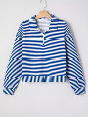 Stripe Quarter Zip Collar Long-Sleeve Top