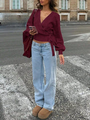 Tie Waist Surplice Sweater