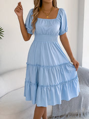 Square-Neck Short Puff Sleeve Dress