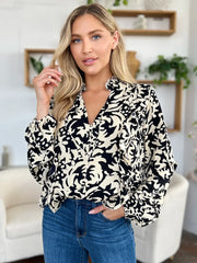 Printed Ruffle Trim Balloon Sleeve Shirt - Plus Size