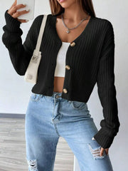 Rib-Knit Button-Up Cropped Cardigan