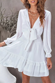 Tie-Front Ruffle Mini Dress with Smocked Wiast