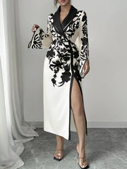 Slit Long-Sleeve Wrap Midi Dress