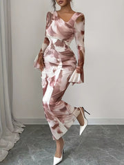 Asymmetrical Neck Long-Sleeve Maxi Dress