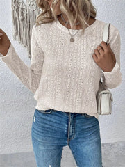 Eyelet Round-Neck Long-Sleeve Blouse - Plus Size