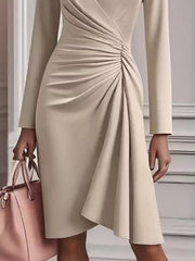 Front Ruched V-Neck Long-Sleeve Dress