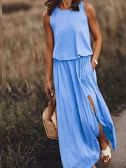 Round-Neck Sleeveless Slit Maxi Dress - Plus Size