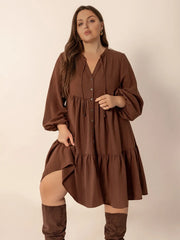 Tie Neck Balloon Sleeve Tiered Dress - Plus Size